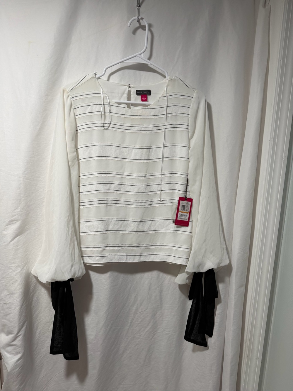Vince Camuto White Striped Blouse with Black Tie Cuffs